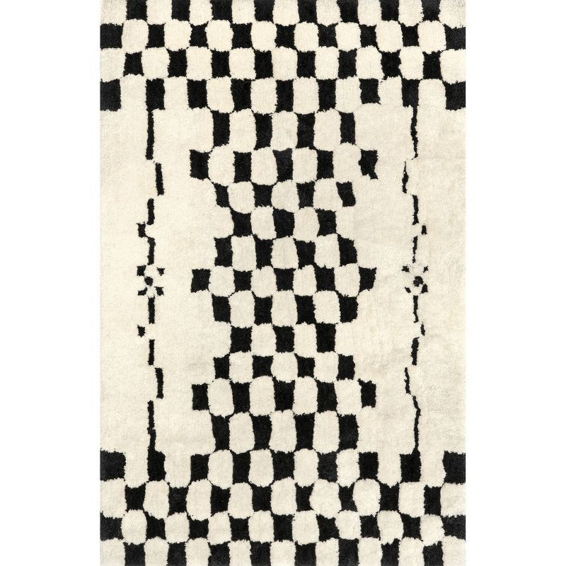 Ivory and Black Checkered Shag Synthetic Area Rug