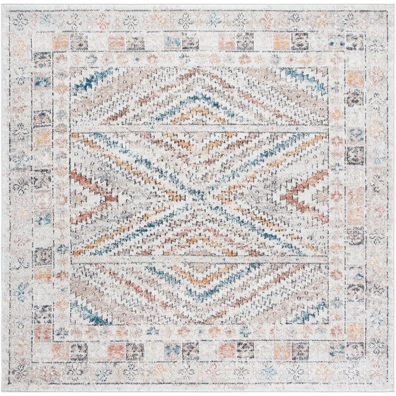 Ivory and Grey Square Oriental Synthetic Area Rug