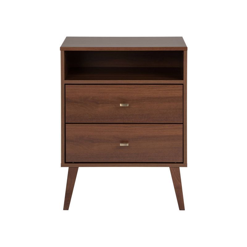 Cherry Wood and Brass Mid-Century Modern Nightstand with Open Shelf