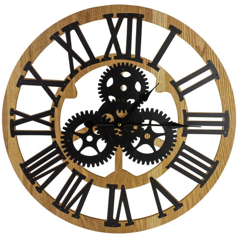 24" Brown and Black Roman Numeral Wall Clock with Cogs