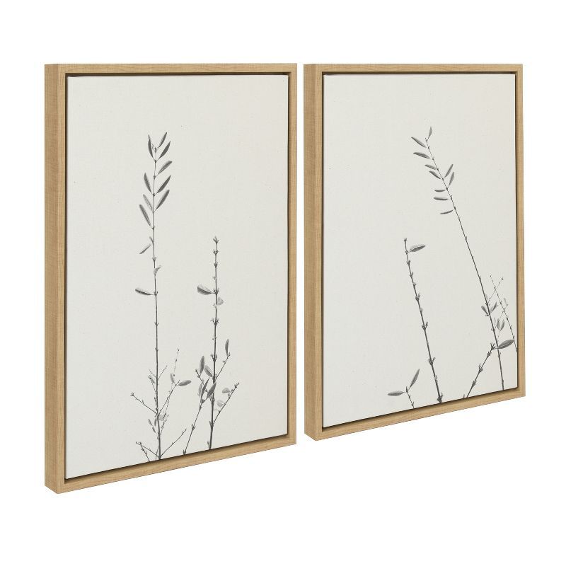 Retro Black and White Botanical Canvas Art Set with Natural Frame