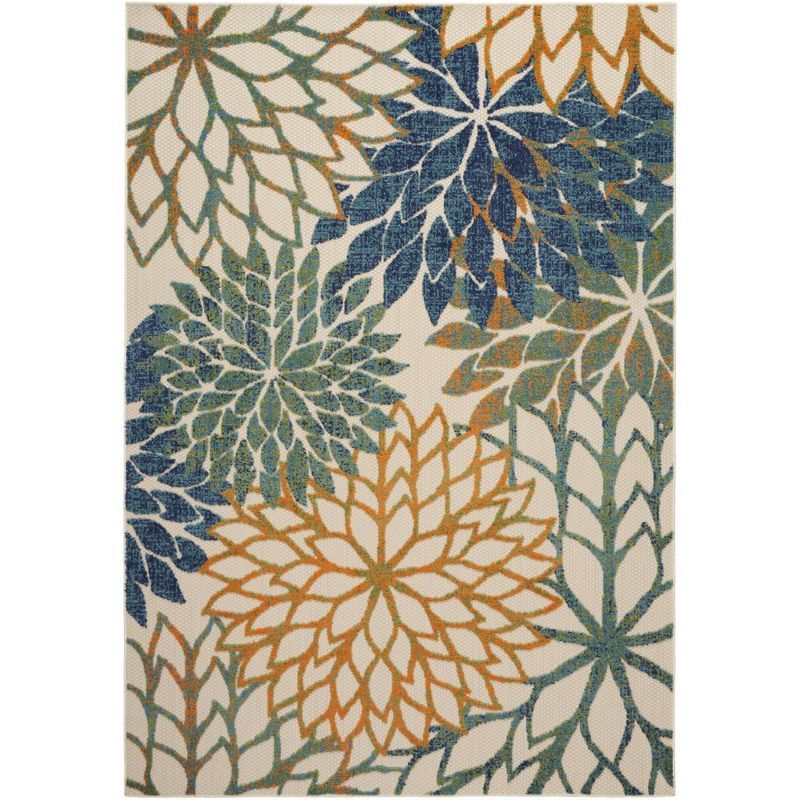 Blue Green Floral Synthetic Indoor Outdoor Rug, 5' x 7'