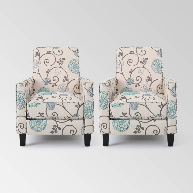 Light Beige and Blue Floral Fabric Recliner Set with Dark Brown Legs