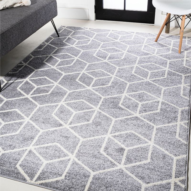 Light Gray and White Geometric 4' x 6' Synthetic Area Rug