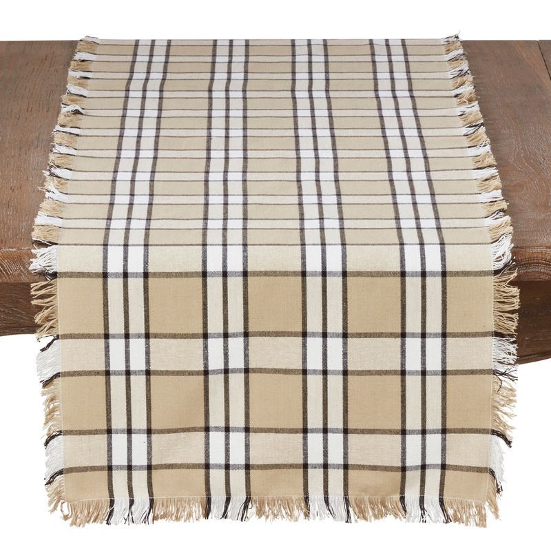 Khaki Plaid Cotton Table Runner with Fringe, 16" x 72"