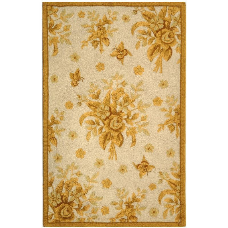 Ivory and Gold Floral Hand-Hooked Wool Area Rug