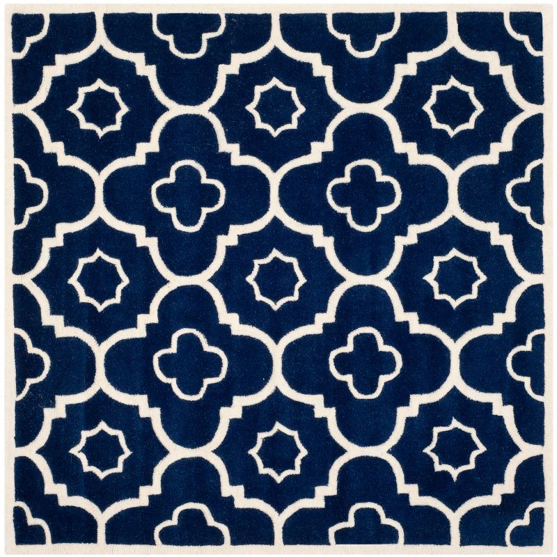 Hand-Tufted Wool Square Rug in Dark Blue & Ivory - 3' x 3'