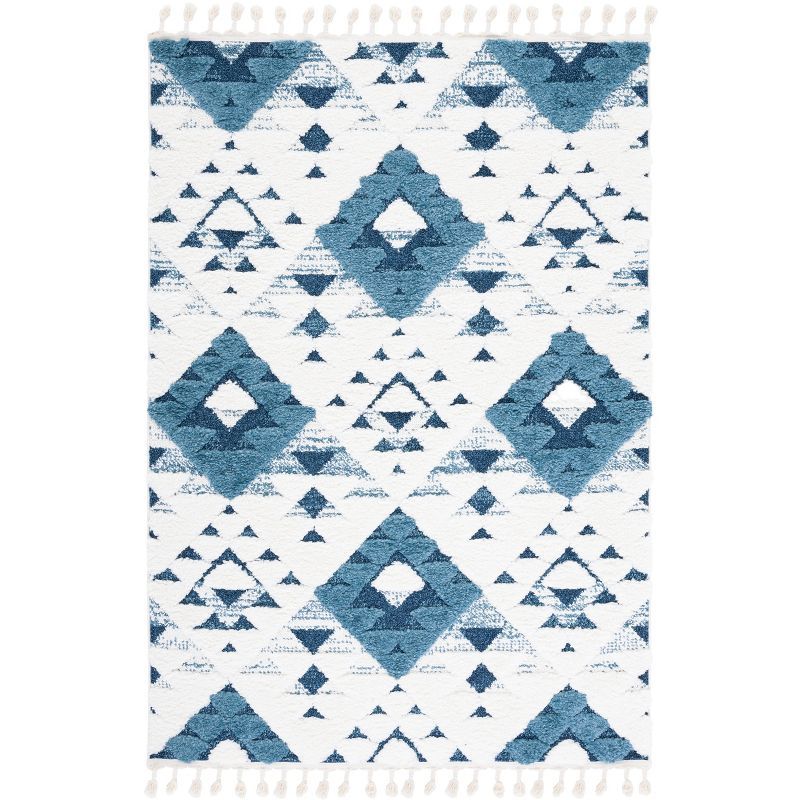 Ivory and Blue Diamond Shag Synthetic Area Rug