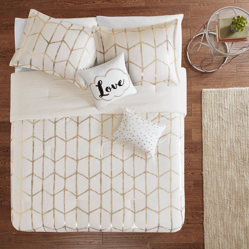 Ivory and Gold Geometric Microfiber Full Comforter Set