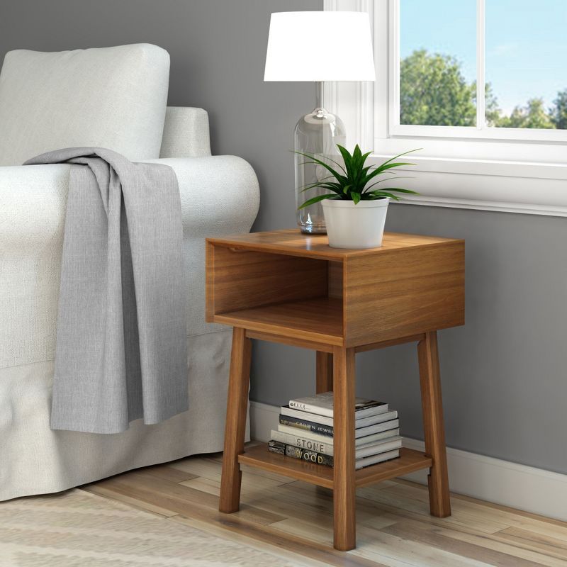 Pecan Mid-Century Modern Wooden Nightstand with Cubby Shelf