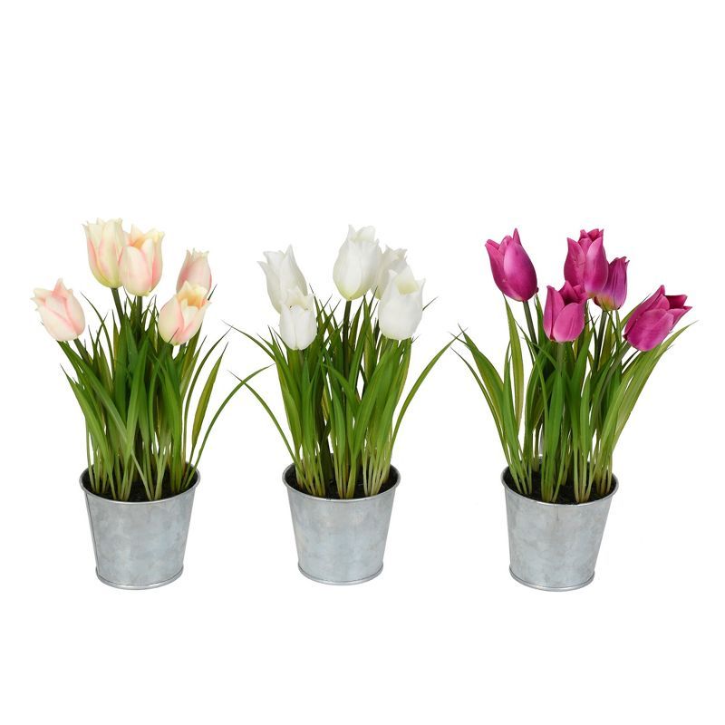 10.5" Assorted Artificial Tulips in Metal Pots Set