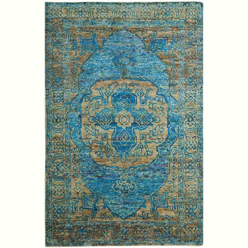 Teal and Beige Hand-Knotted Wool and Viscose Area Rug