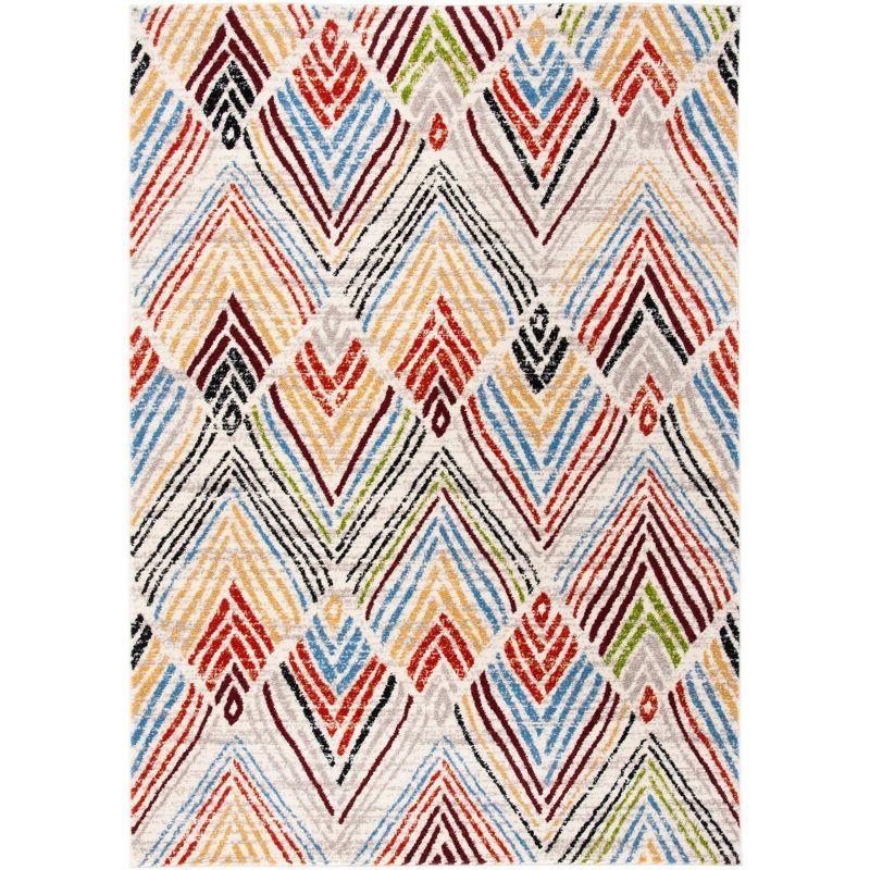 Ivory and Red Geometric Synthetic Rectangular Area Rug