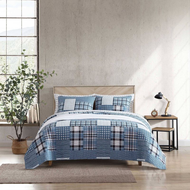 Hawthorne Blue Cotton Twin Reversible Quilt Set