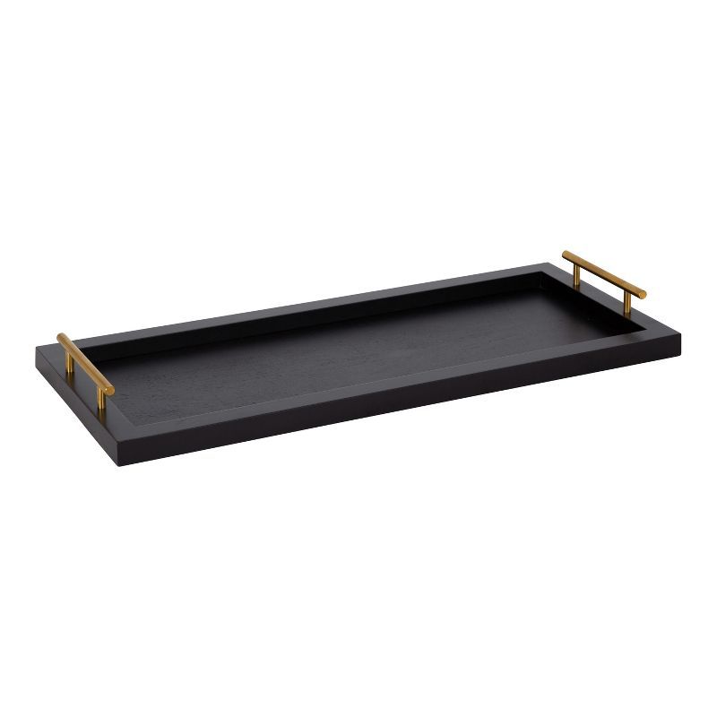 Elegant Black and Gold Rectangular Wooden Tray with Polished Handles, 24x10