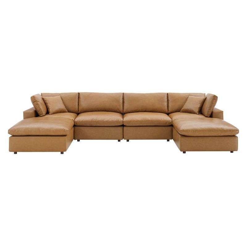 Tan Faux Leather Six-Piece Sectional Sofa with Ottoman and Down Fill Cushions