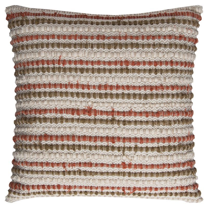 20"x20" Dark Orange and Natural Cotton Striped Throw Pillow Cover