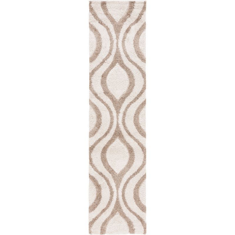 Ivory and Beige Geometric Shag Runner Rug