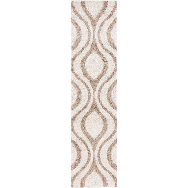 Ivory and Beige Geometric Shag Runner Rug