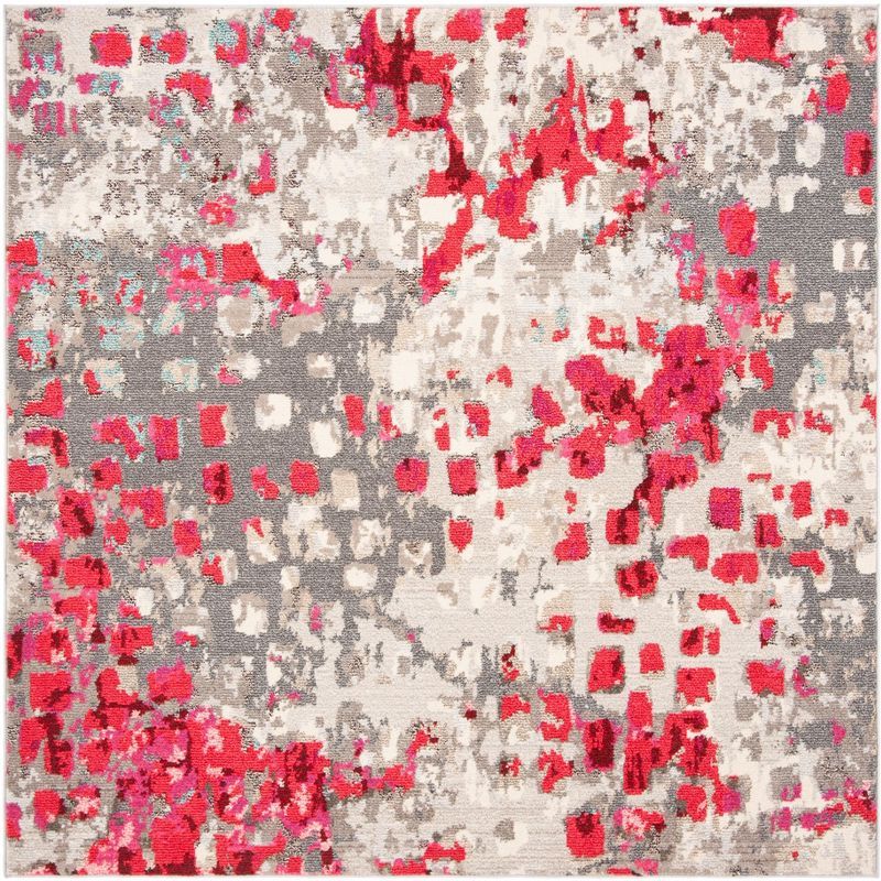 Gray and Red Abstract Square Synthetic Area Rug