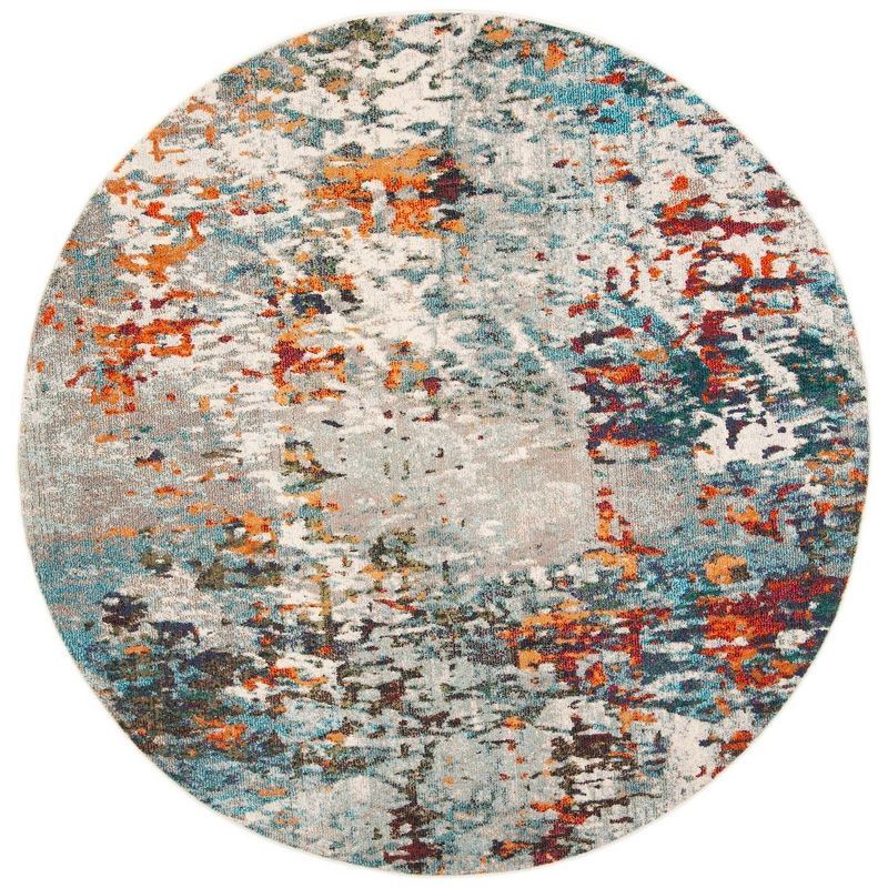 Gray and Multicolor Round Synthetic Flat Woven Area Rug