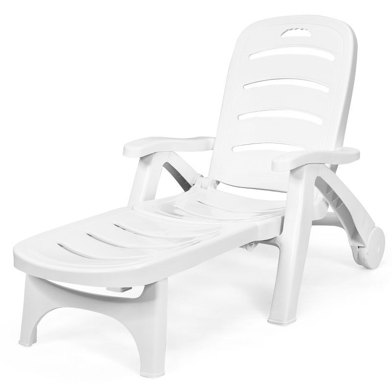 Coastal Breeze White PP Outdoor Folding Chaise Lounge with Wheels