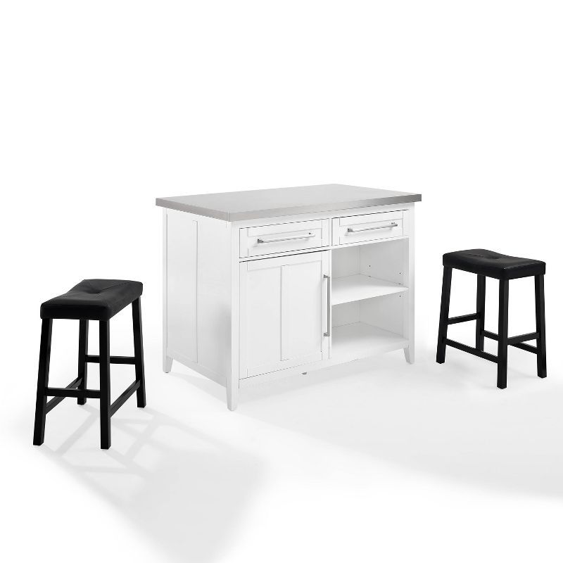 Silvia White Kitchen Island with Stainless Steel Top and Black Upholstered Saddle Stools