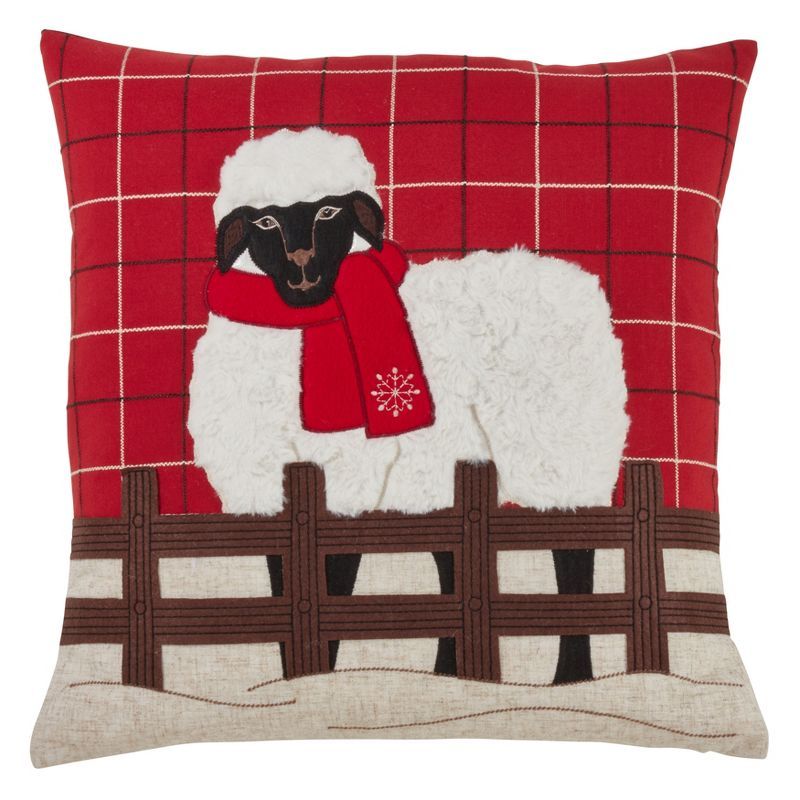 Festive Red Plaid Sheep Down Filled Holiday Pillow, 18" x 18"