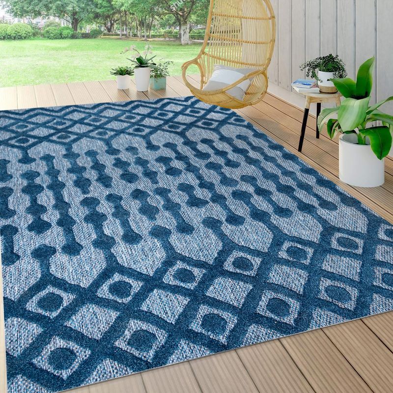 Navy Diamond Geometric Handmade Indoor/Outdoor Synthetic Rug