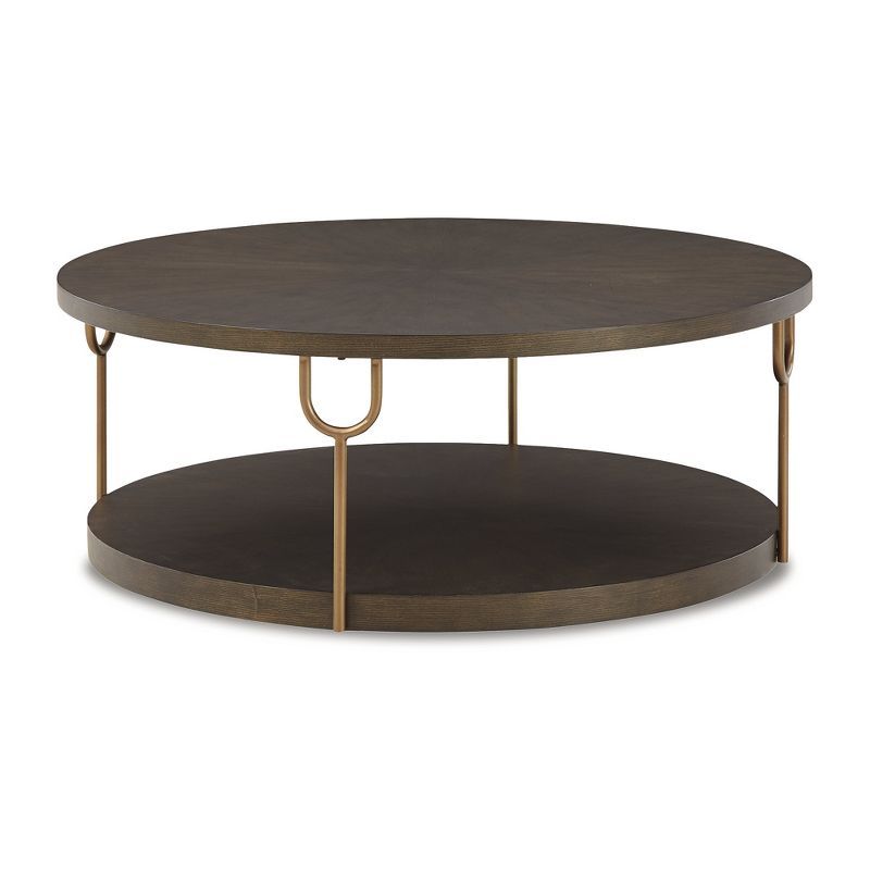 Round Espresso Brown Wood and Gold Metal Coffee Table