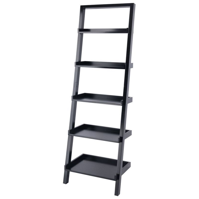 Industrial Black Wood 5-Tier Leaning Ladder Shelf