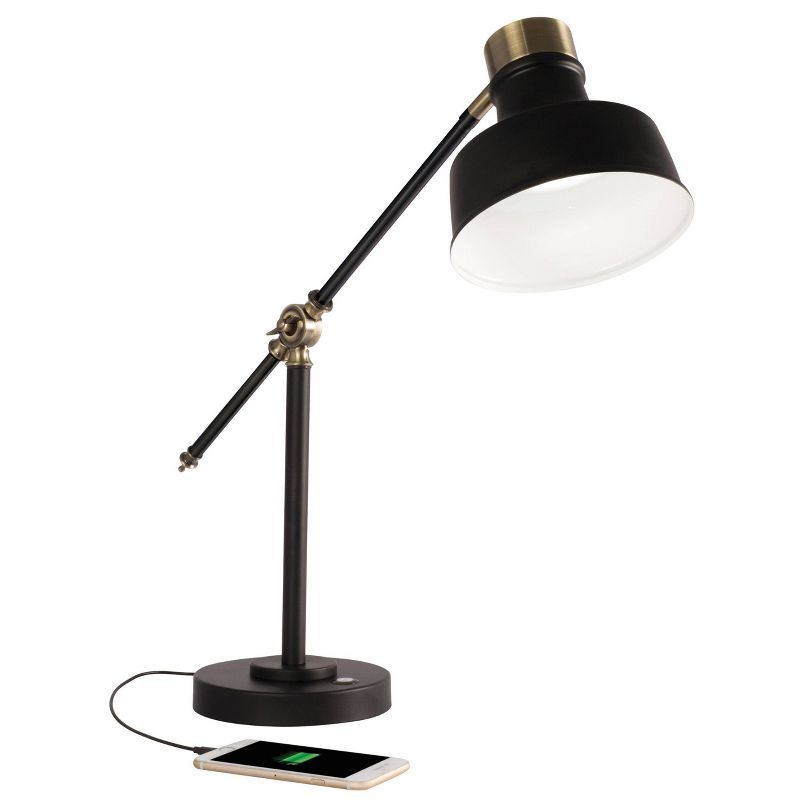 Adjustable Black and Antique Brass LED Desk Lamp with USB Port