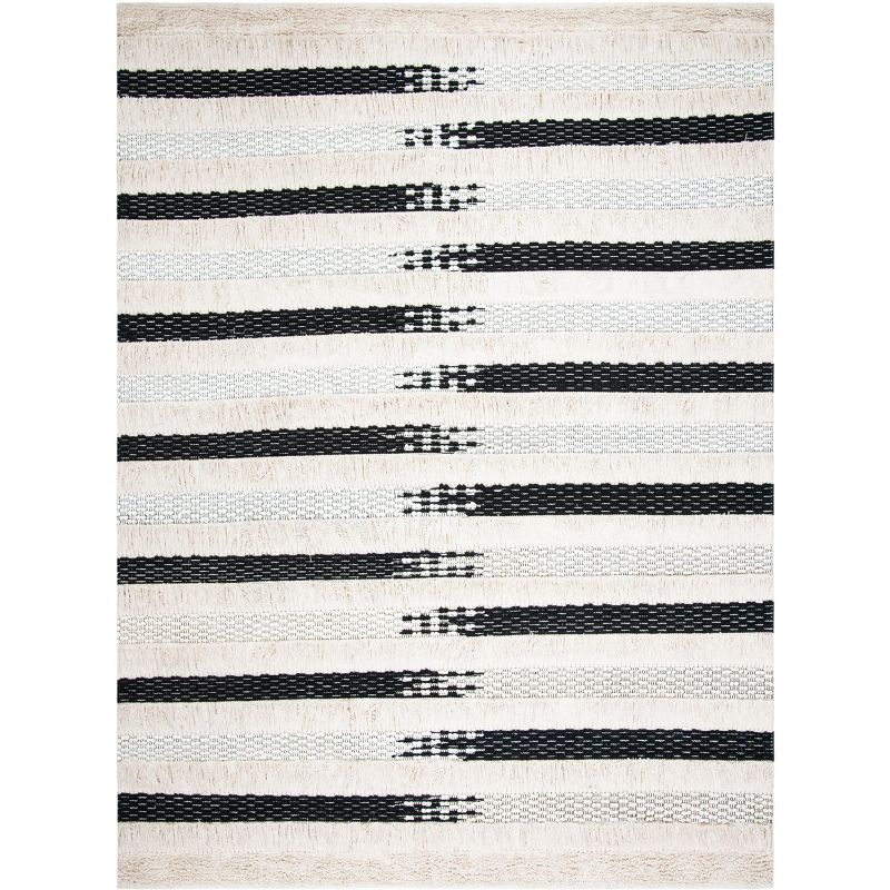 Coastal Chic Black and Ivory Striped 9' x 12' Handwoven Wool-Cotton Rug