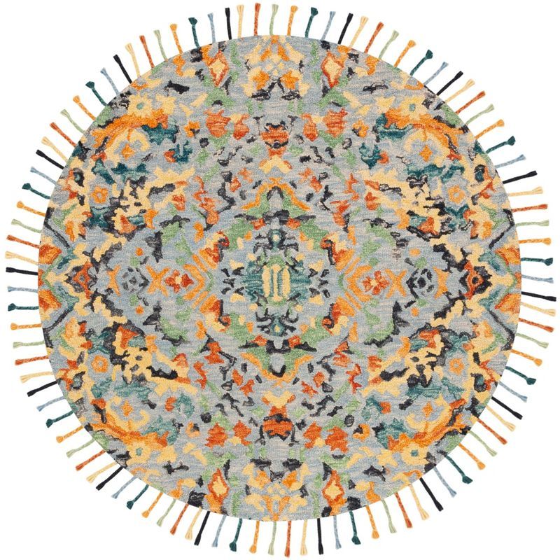 Handmade Blue Floral Wool Round Tufted Area Rug with Tassels