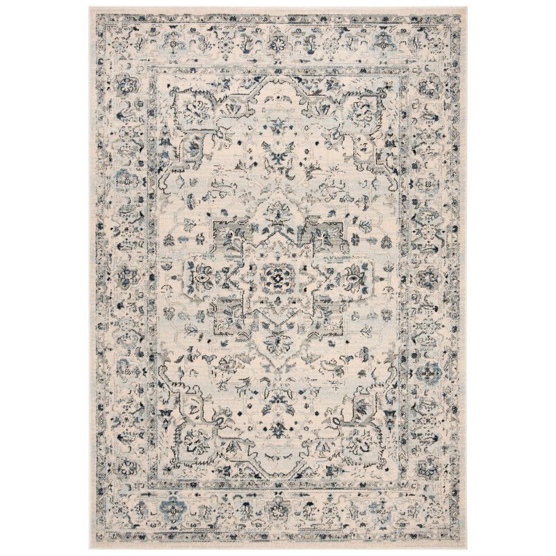 Ivory and Light Blue Rectangular Hand-Knotted Synthetic Area Rug