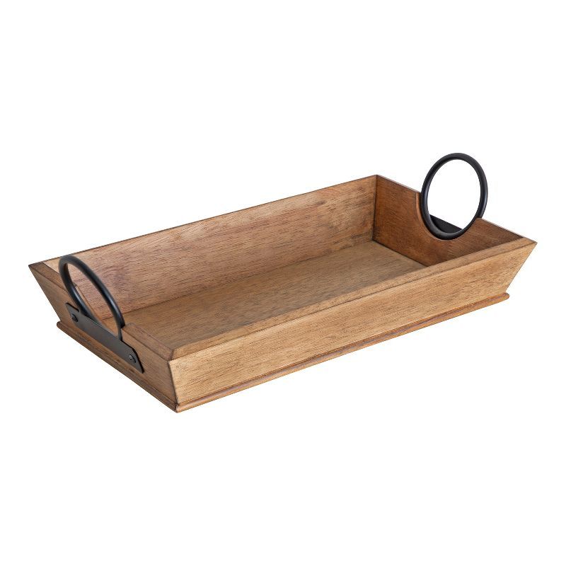 Rustic Brown 17'' Solid Rubberwood Decorative Tray with Metal Ring Holders