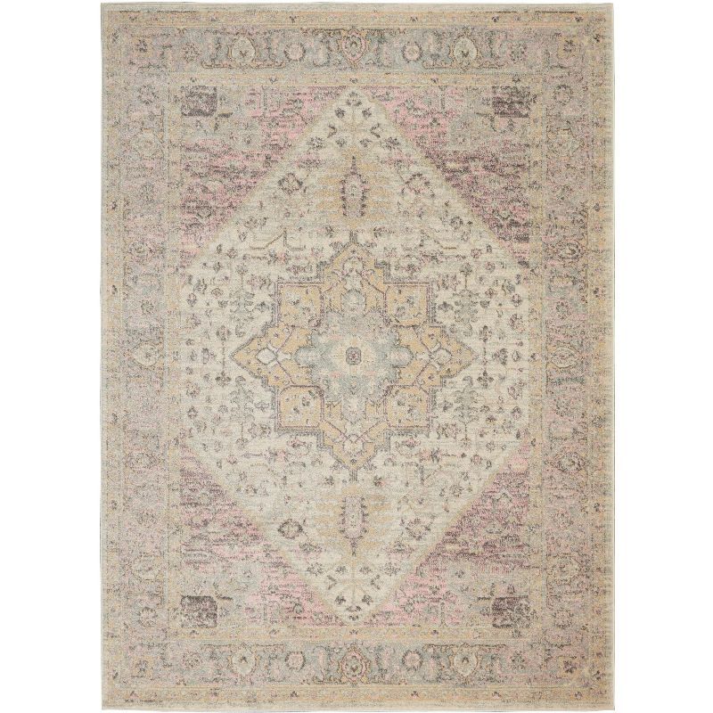 Ivory & Pink Synthetic 4'x6' Easy-Care Rectangular Rug