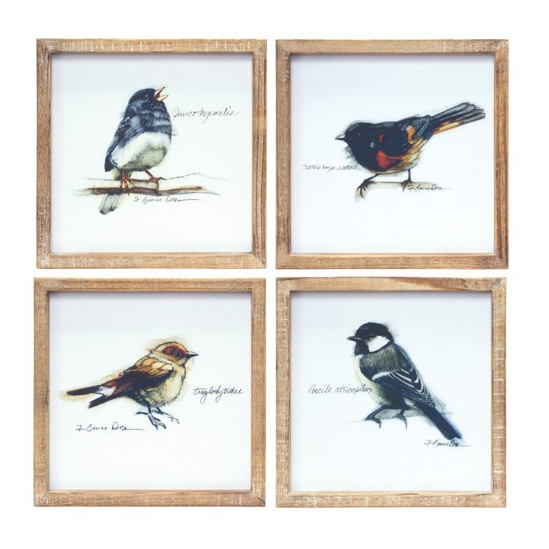 Set of 4 Multicolor Watercolor Bird Prints with Wood Frames