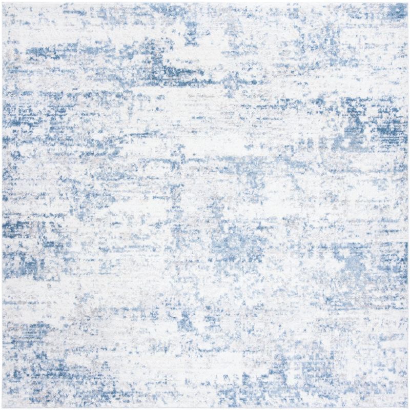 Ivory and Blue Abstract Square Synthetic Area Rug