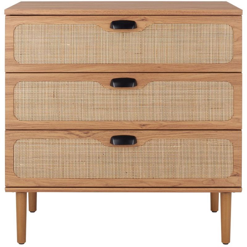 Oak 3-Drawer Chest with Rattan Mesh and Metal Pulls