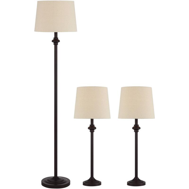 Bronze Metal 3-Piece Floor and Table Lamp Set with Oatmeal Drum Shades