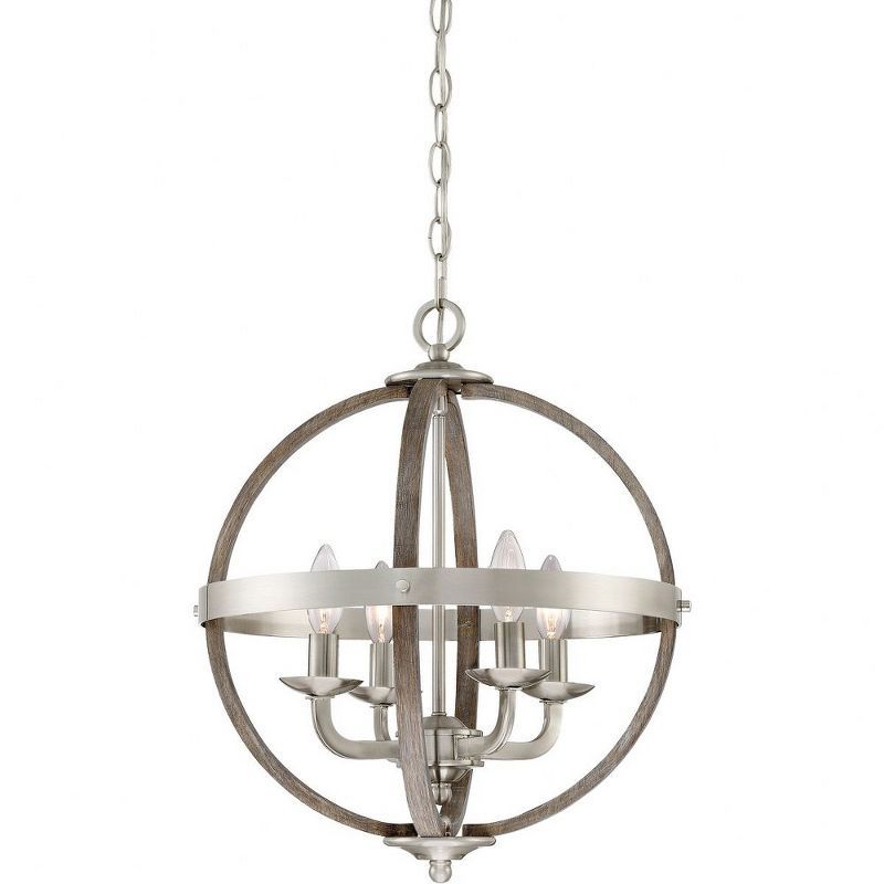 Brushed Nickel Cage 4-Light Chandelier with Faux Wood Accents