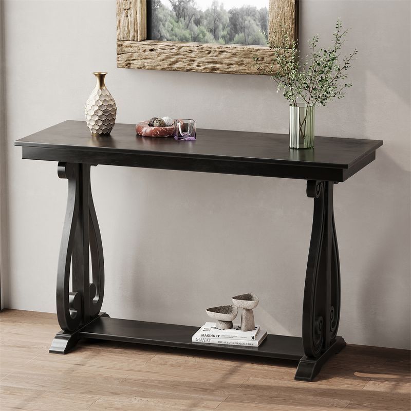 48-Inch Black MDF and LVL Rustic Console Table with Open Shelf