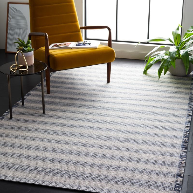 Ivory and Navy Striped Square Flat Woven Rug