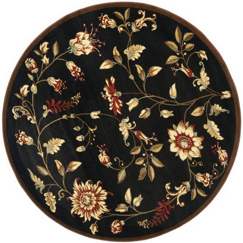 Round Black Floral Synthetic Easy Care Area Rug