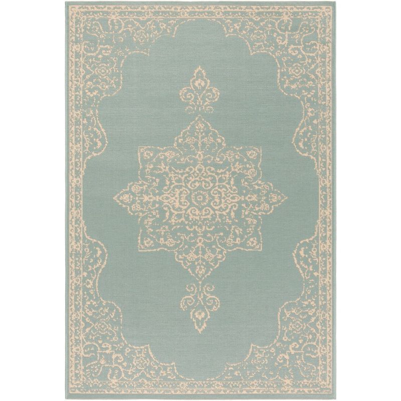 Cream/Aqua Synthetic Easy-Care Outdoor Area Rug - 6'7" x 9'2"