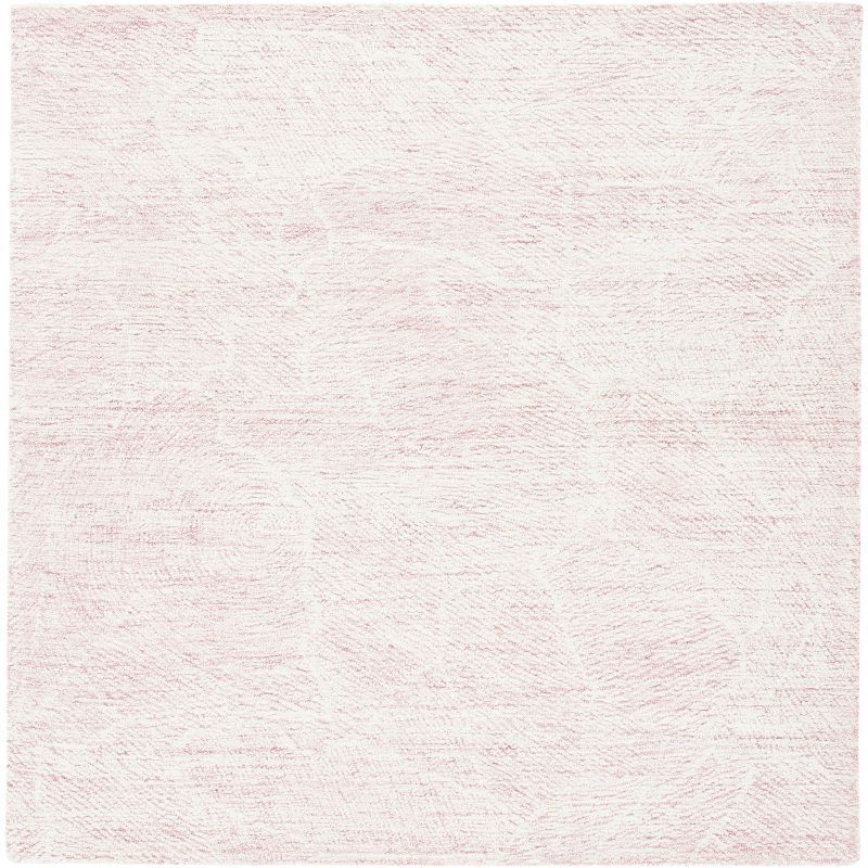 Ivory and Pink Hand-Tufted Wool Floral Square Rug