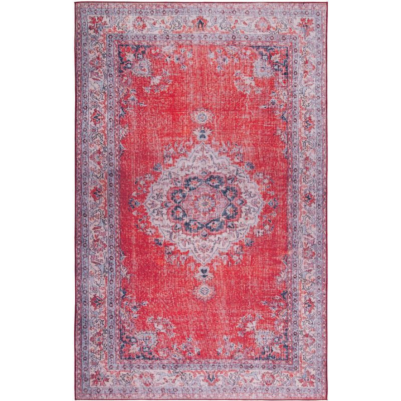 Red and Beige Traditional Washable Synthetic Area Rug, 3' x 5'