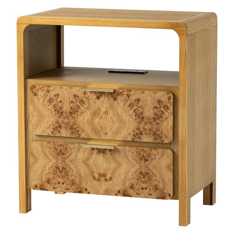 Natural Brown Wood 2-Drawer Nightstand with Charging Ports