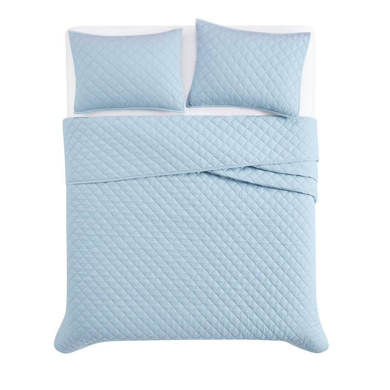 Light Blue Cotton Full Quilt Set with Diamond Stitching